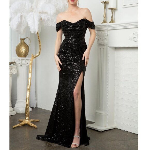 Black Sequined Off the Shoulder Formal Prom Wedding Guest Dress 10
